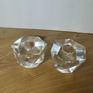 BLOCK Lead Crystal Block Taper Candle Holders Beveled Edge Pair Clear